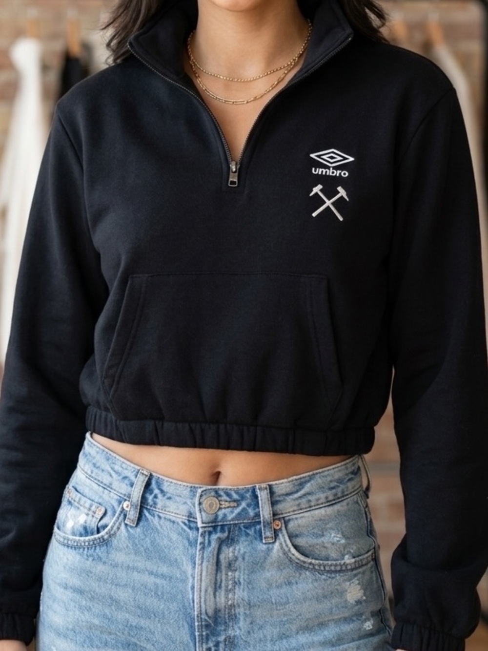 Umbro x West Ham United Football Soccer Cropped Half-Zip Sweatshirt Black Small